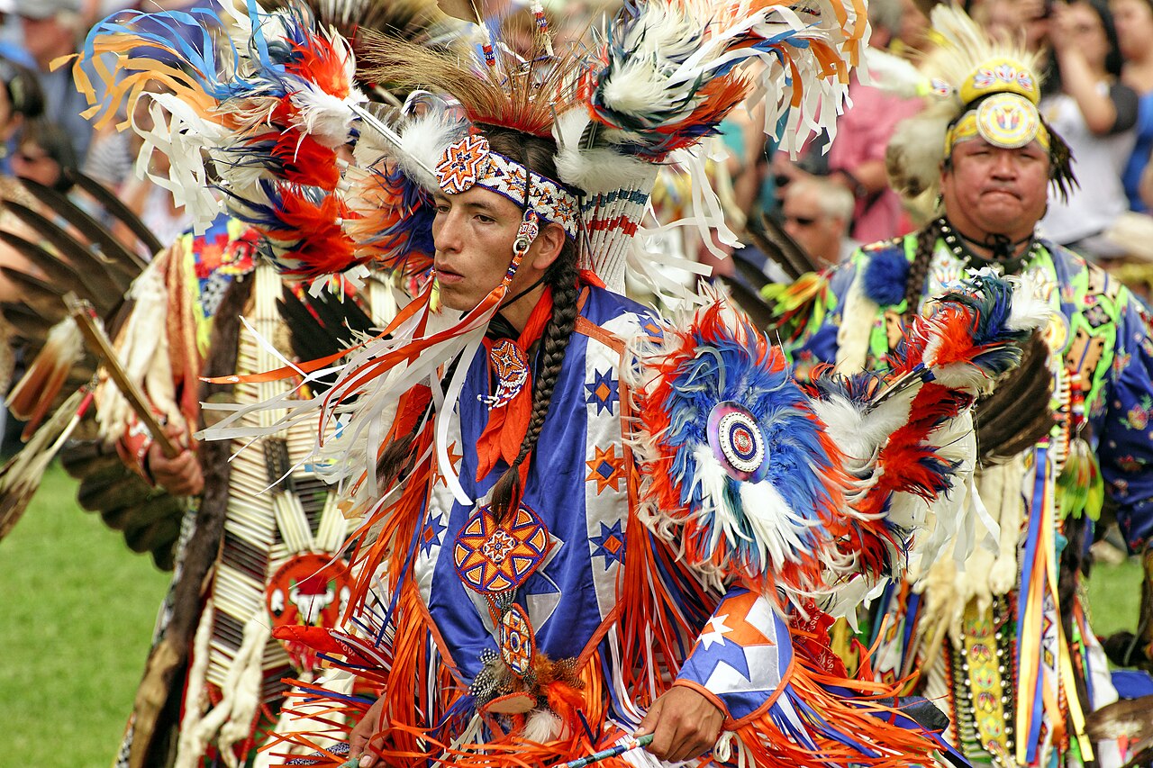 Dancers in bright regalia at the Six Nations of the Grand River powwow