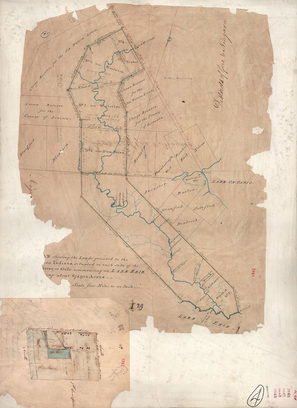 Old hand-drawn map showing a strip of land along both sides of the Grand River