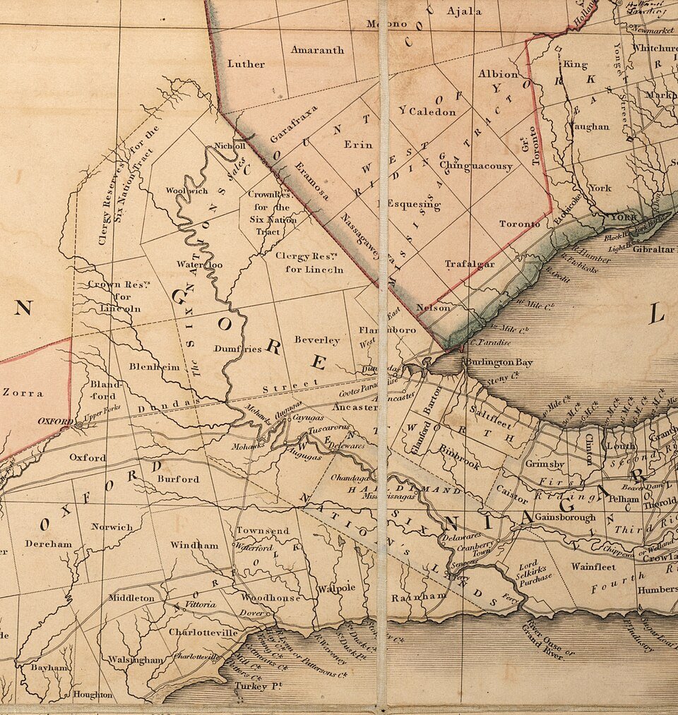 Part of William Chewett’s 1821 map of Upper Canada showing the Grand River townships